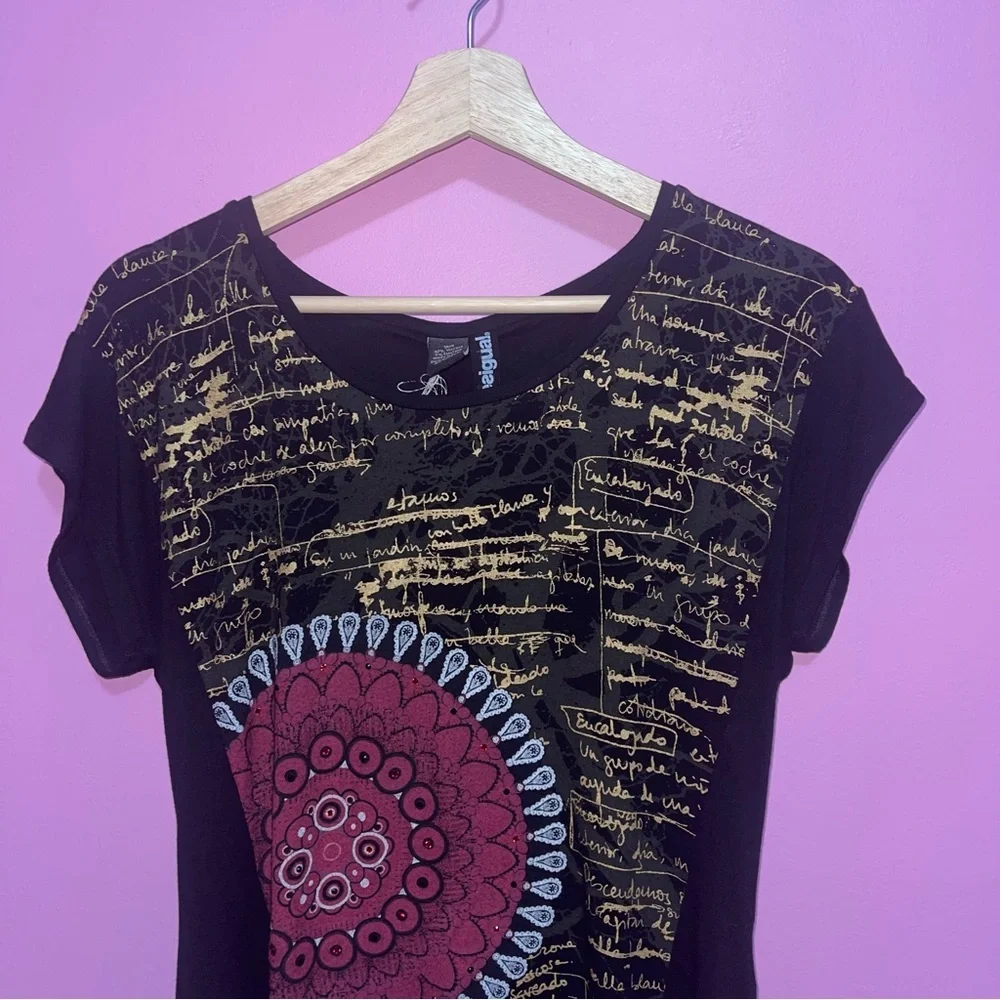 Desigual Blouse Black Short Sleeve Women’s Small Mandala Print Rhinestones - Picture 3 of 8